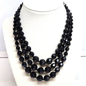 VINTAGE Germany Black Acrylic Plastic Beaded Triple Strand Bib Necklace